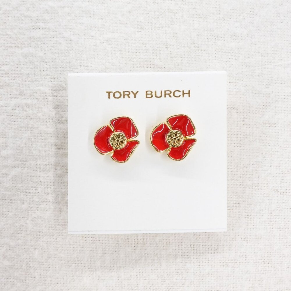 Tory Burch Fleur Flower Stud Earrings Red OS